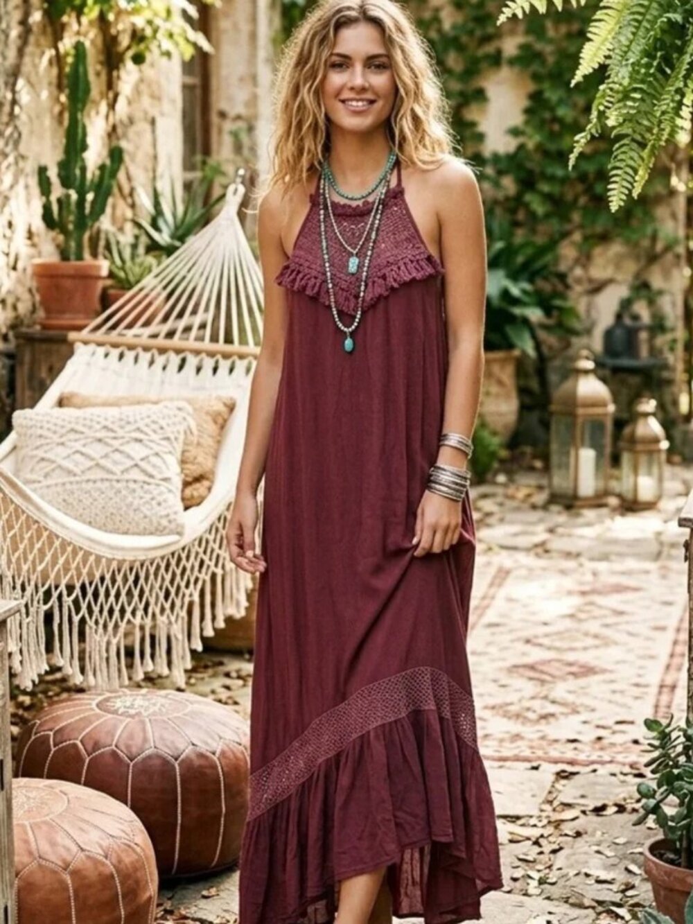 POL Crochet Inset Boho Hi-Lo Hem Bohemian Babe Hippie Festival Style Day Dress